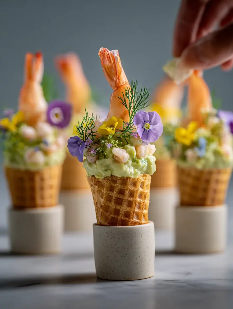 Chef placing shrimp garnish on avocado mousse mini cone appetizer