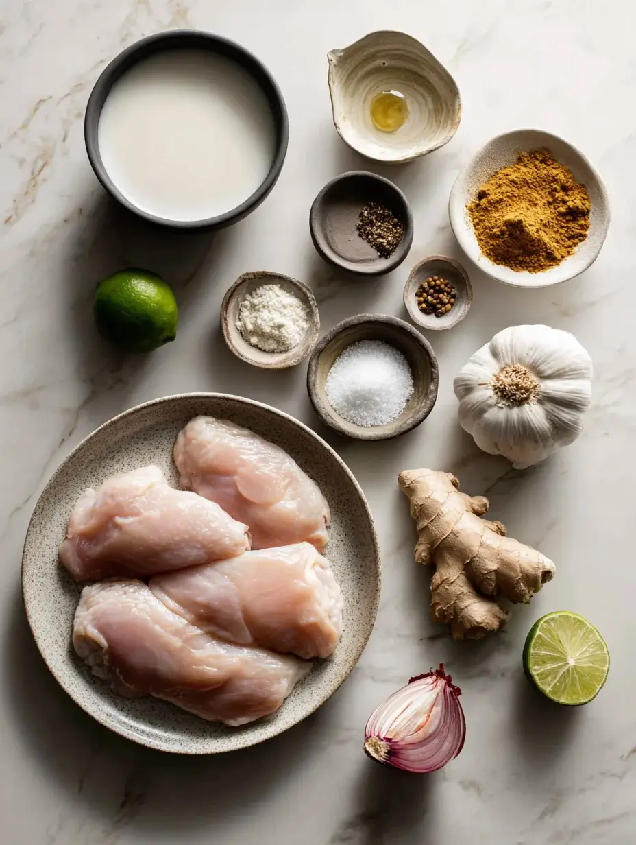 Ingredients for coconut curry chicken velouté on marble countertop
