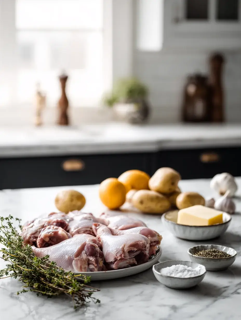 raw duck legs with potatoes, garlic, herbs and butter prepared for duck confit terrine