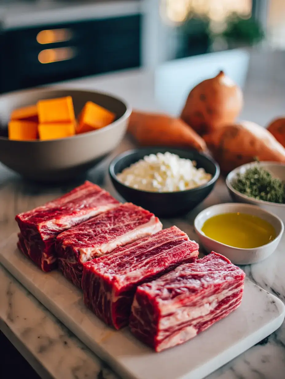 raw beef short ribs with sweet potatoes, parmesan, herbs, and olive oil on marble countertop