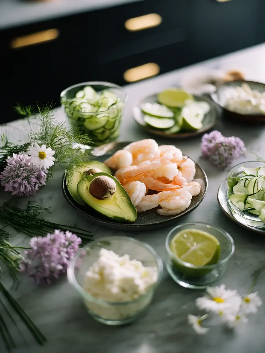 Ingredients for shrimp avocado mousse including shrimp, avocado, lime, cucumber, and herbs