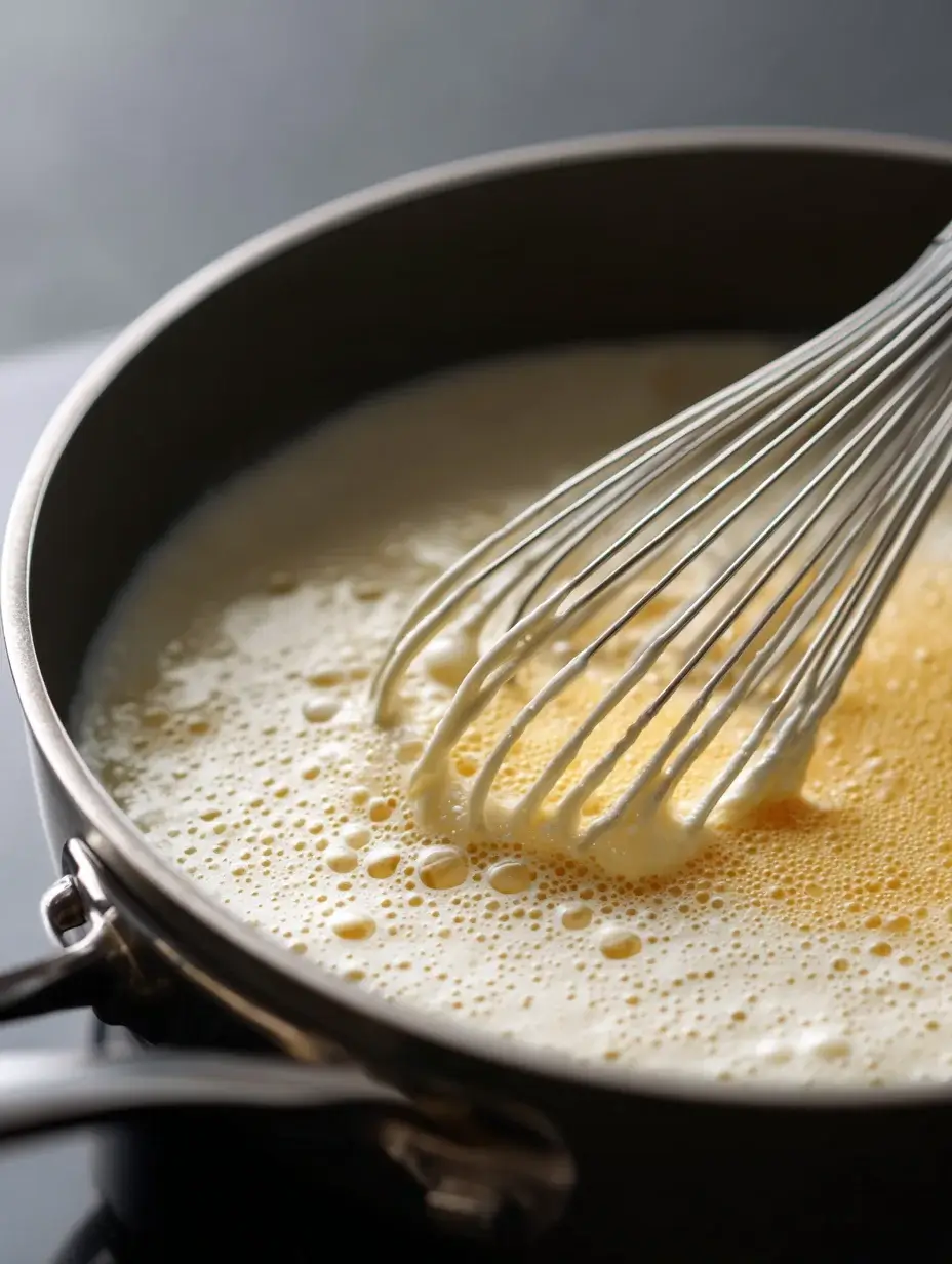Lemon cream sauce being whisked until smooth and airy