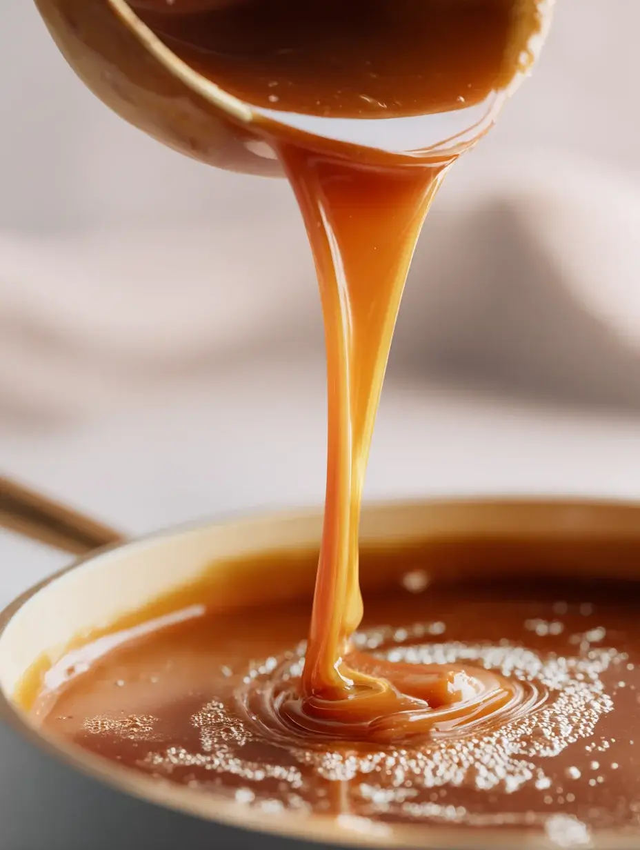 Pouring smooth salted caramel into a saucepan