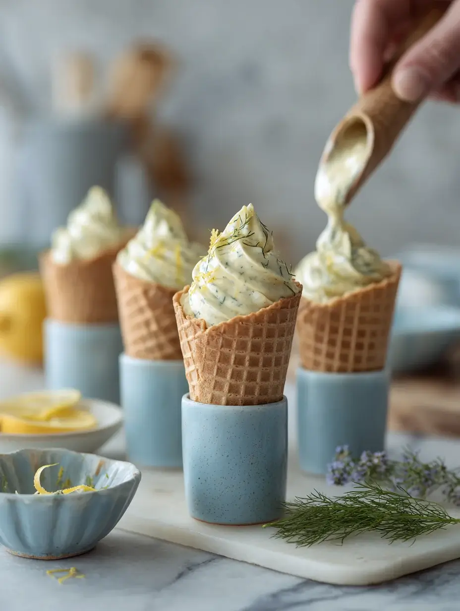 Piping dill cream filling into mini cones