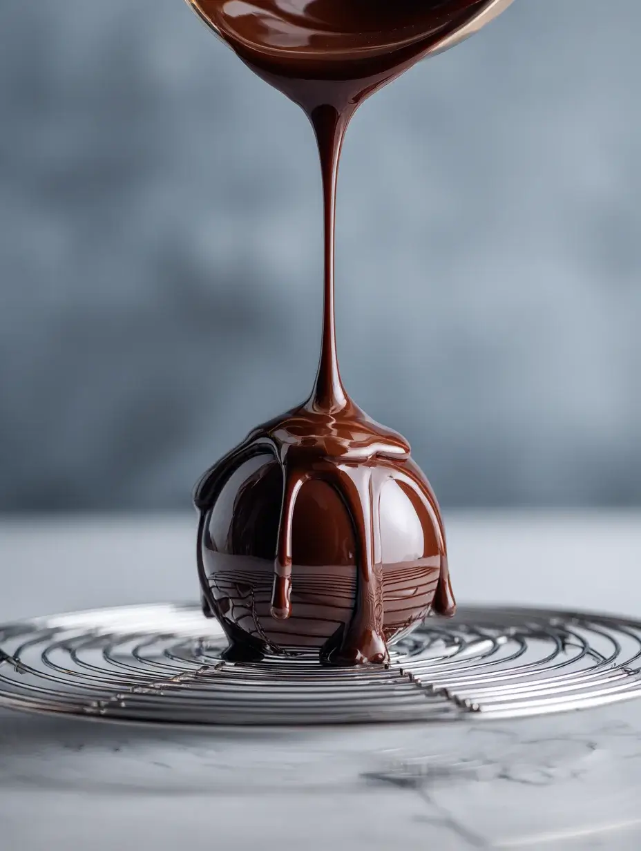 Pouring chocolate mirror glaze over frozen dessert sphere