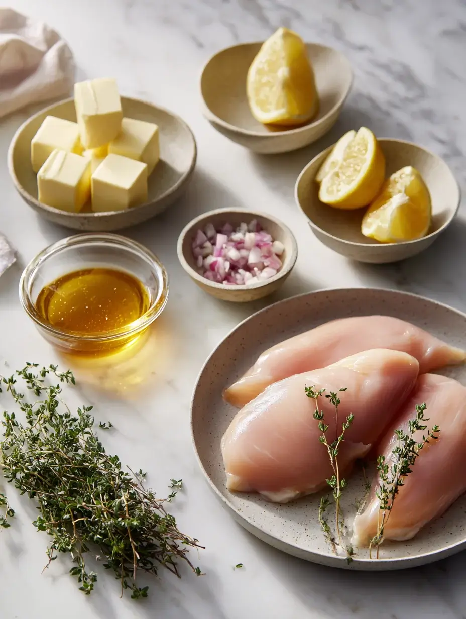 Raw ingredients for golden honey glazed chicken roses arranged in bowls and plates