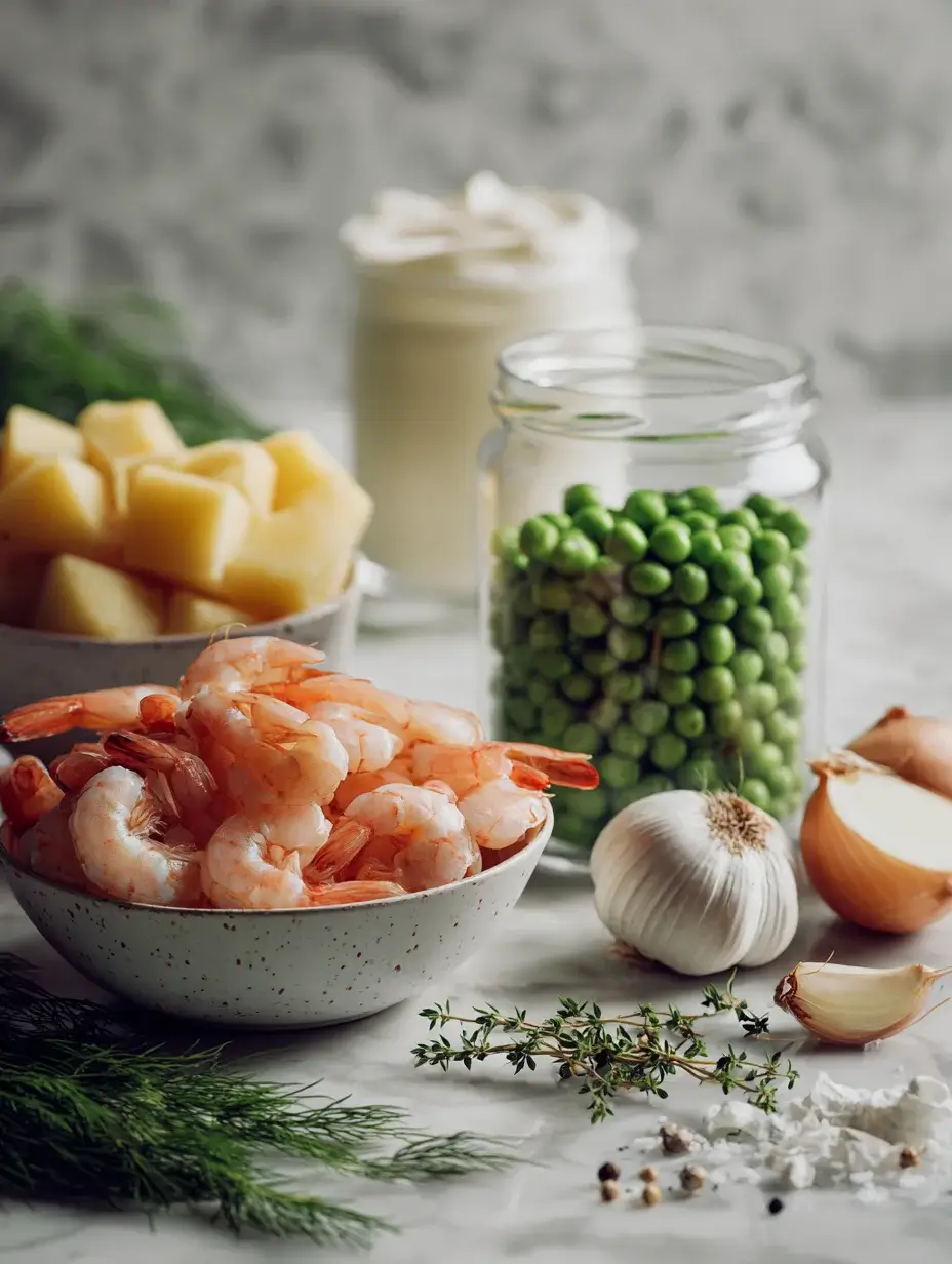 Raw shrimp, green peas, potato, garlic, and herbs for shrimp chowder