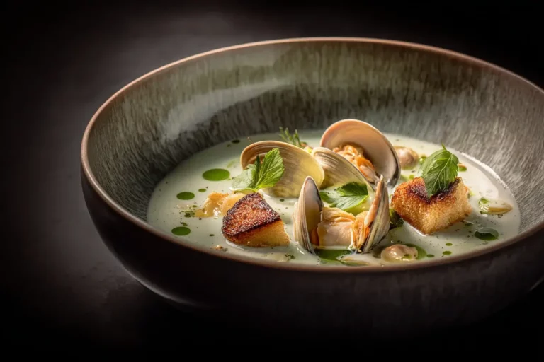 New England clam chowder with fresh clams, croutons, and herbs in a ceramic bowl