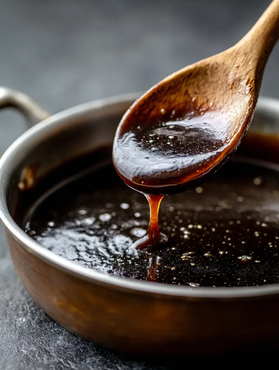 Rich beef jus sauce dripping from spoon in saucepan