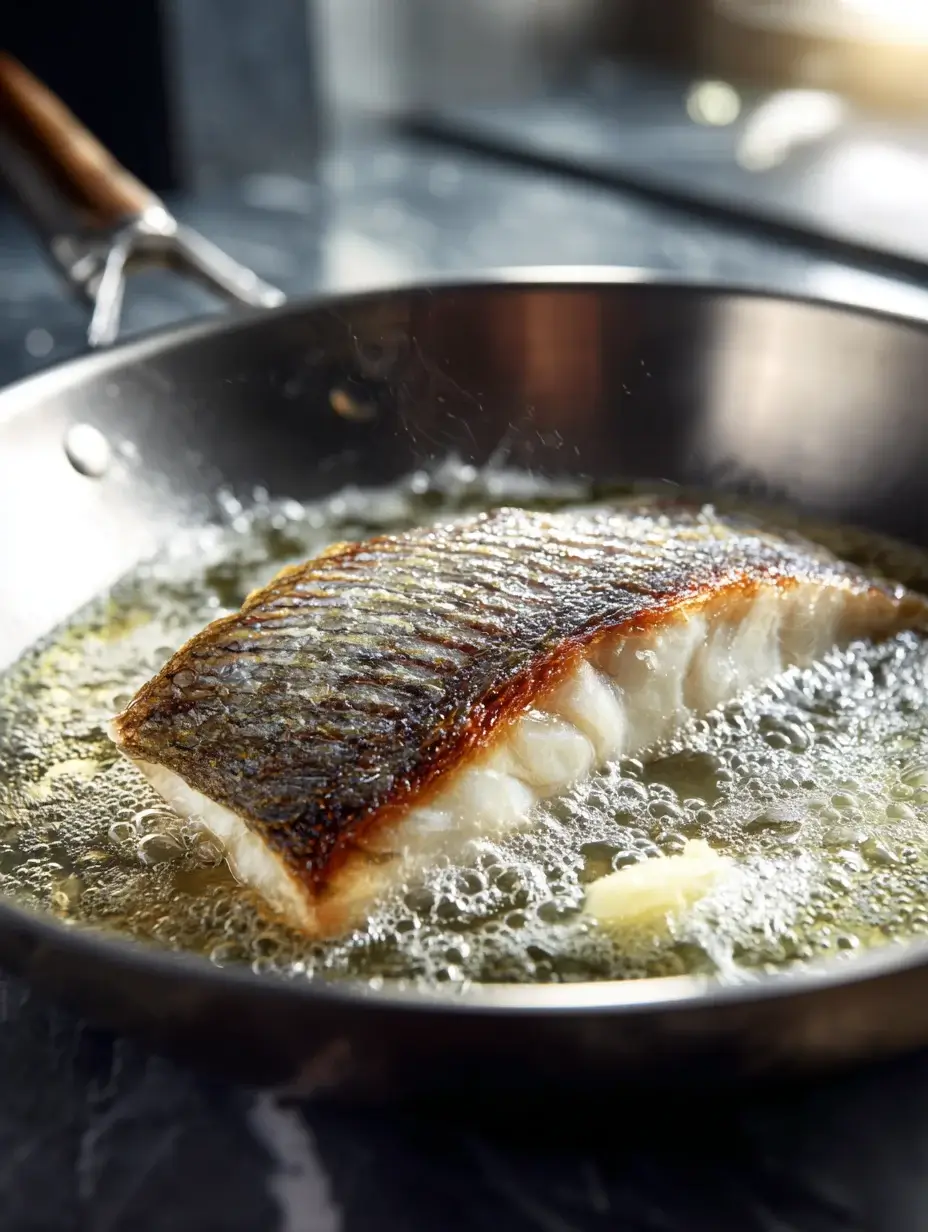 Sea bass fillet searing skin-side down in a pan with bubbling butter