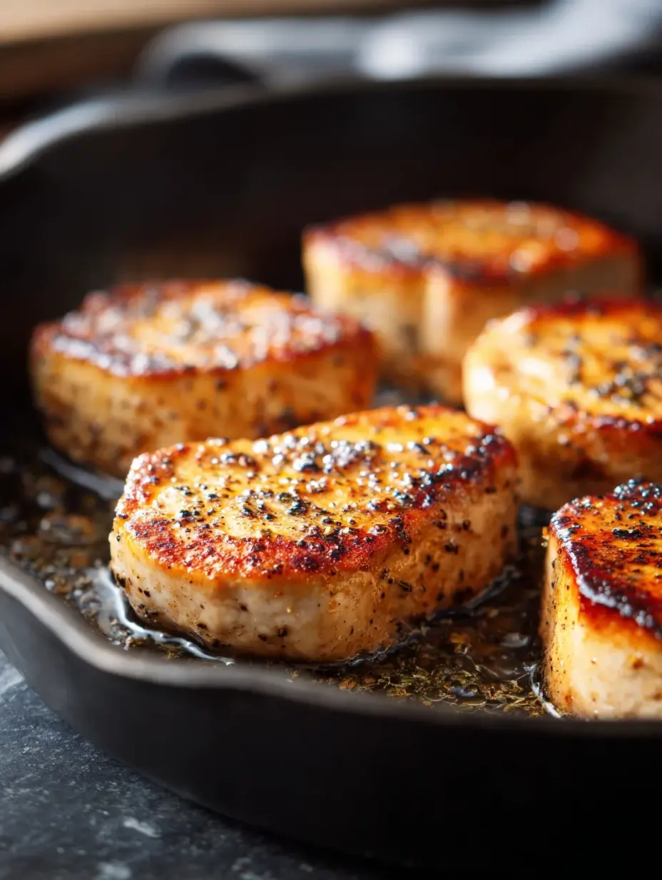 Seared chicken breast medallions cooking in cast iron skillet