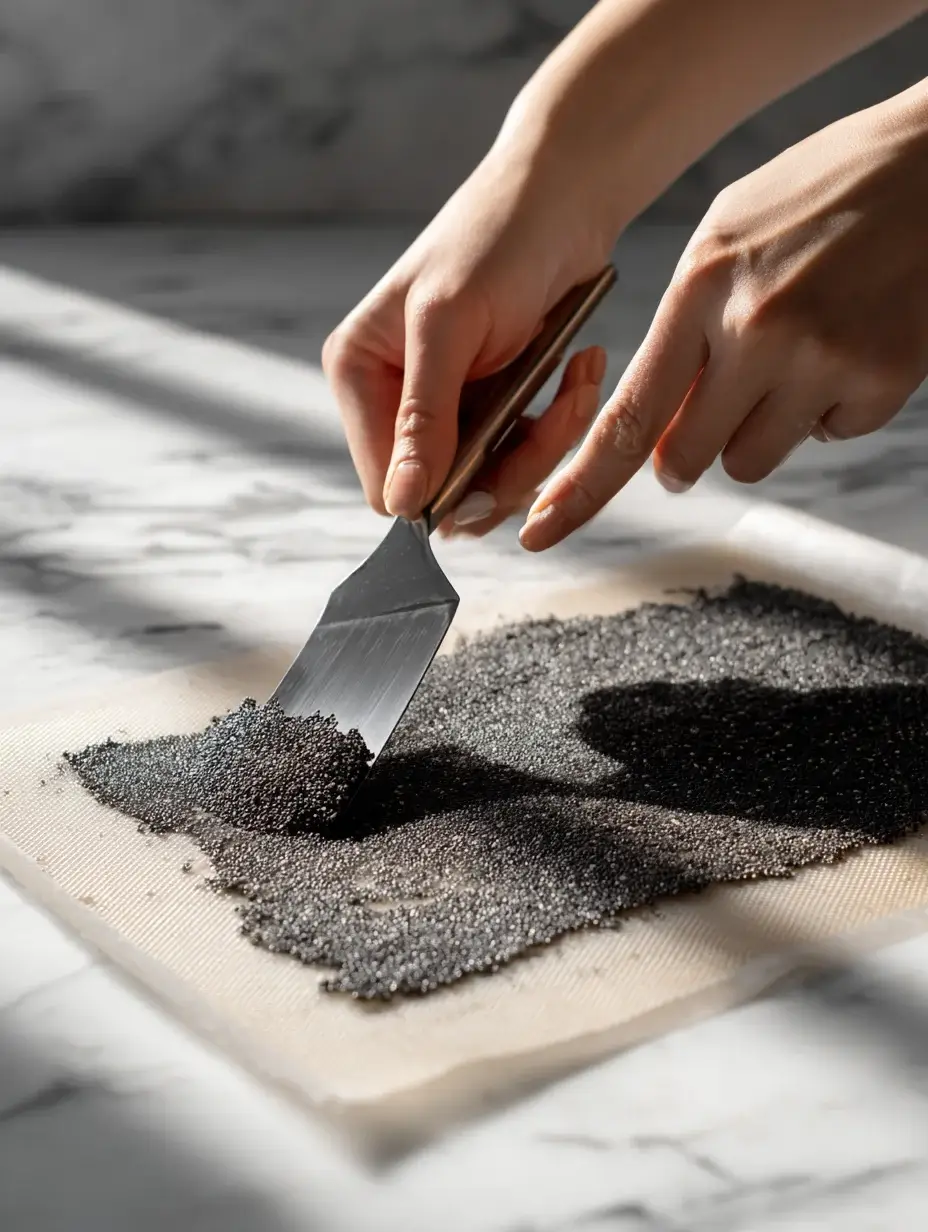 Spreading black sesame tuile batter on silicone mat