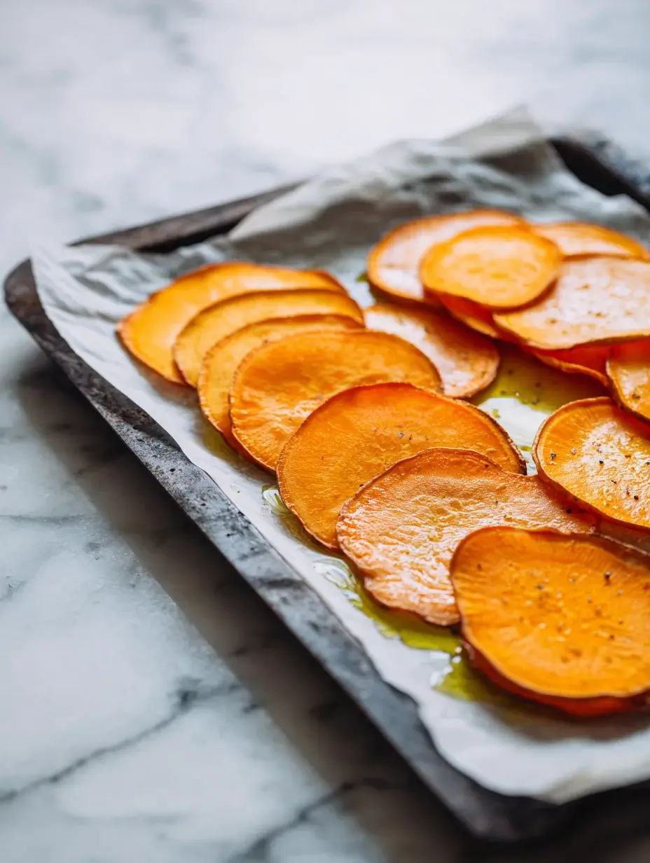 thin roasted sweet potato slices on baking tray for mille-feuille layers