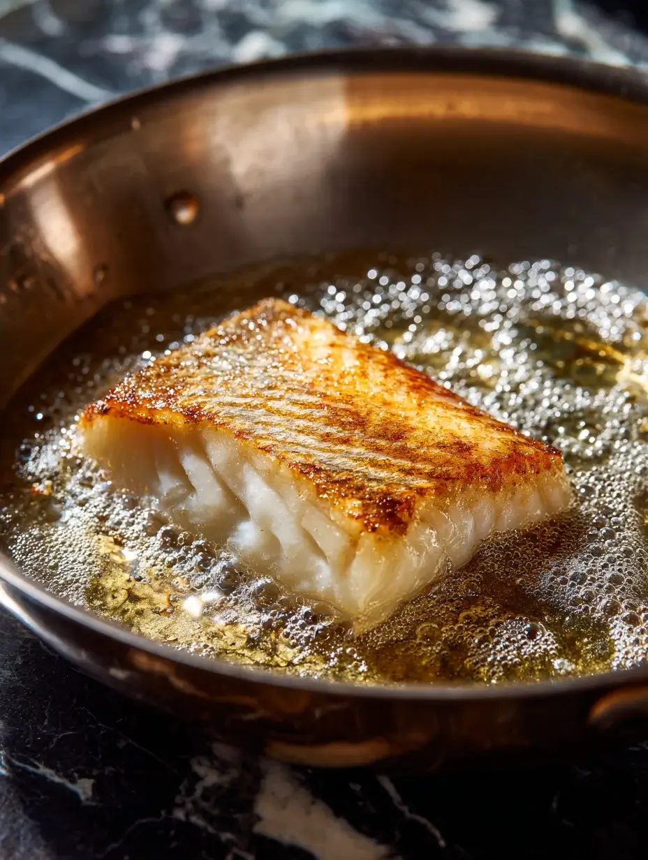 Pan-seared turbot fillet cooking in pan with golden crispy skin