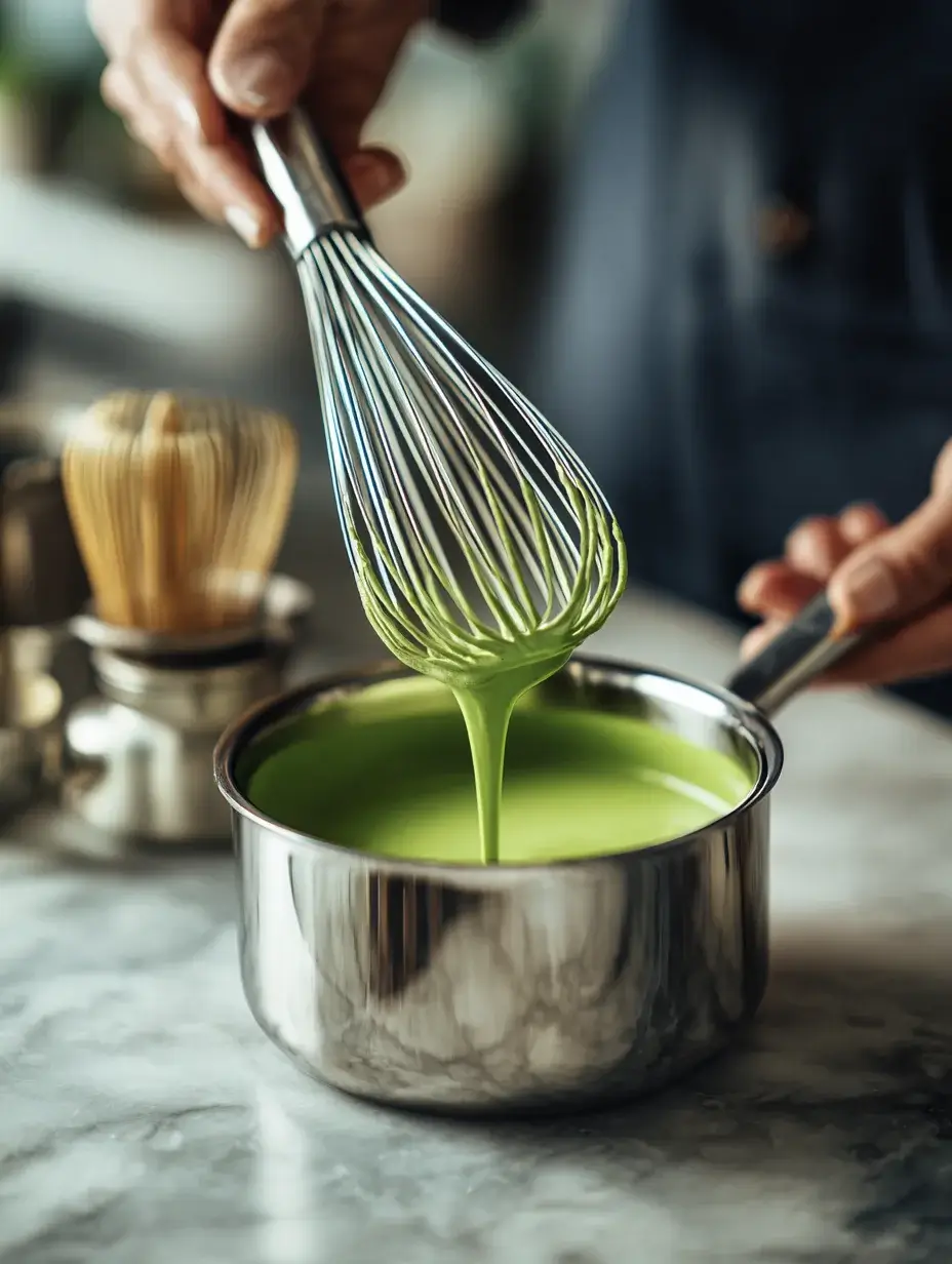 Whisking silken matcha custard in saucepan