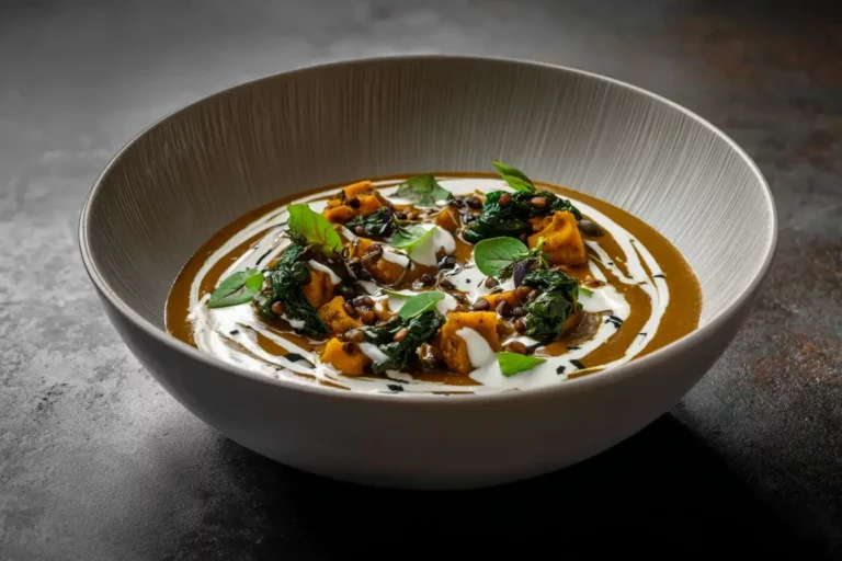 Ginger Sweet Potato stew with coconut swirl, lentils, and kale