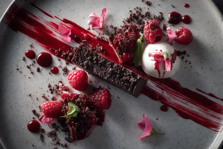 raspberry coulis dark chocolate dessert with rose chantilly and fresh raspberries