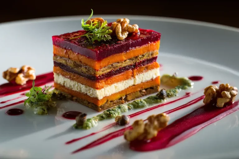 layered sweet potato butternut squash carrot lasagna with cranberry glaze and feta cream