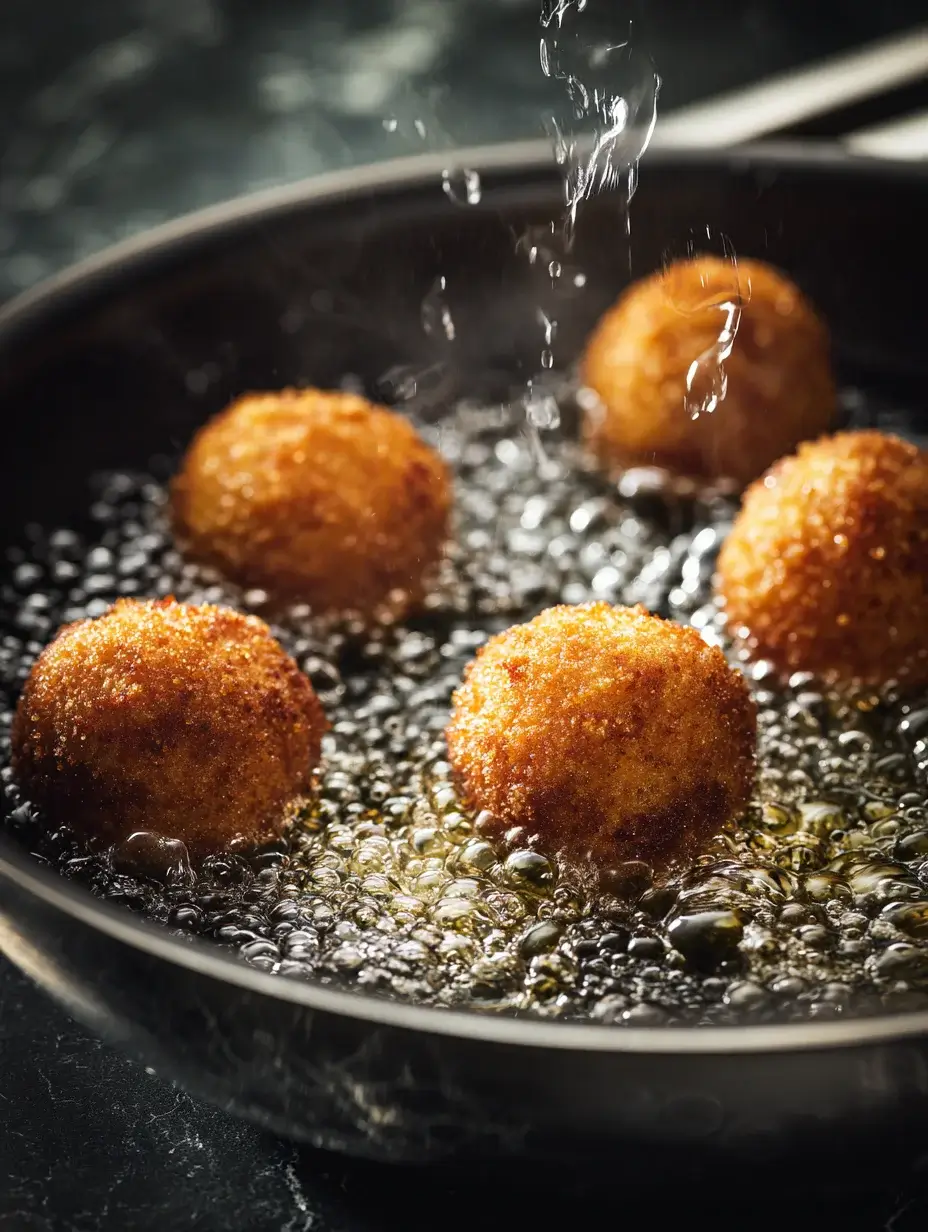 Crispy beef croquettes frying in hot oil with bubbling texture