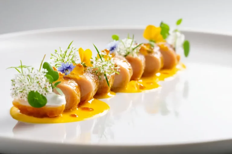 Deconstructed golden chicken with saffron sauce and edible flowers