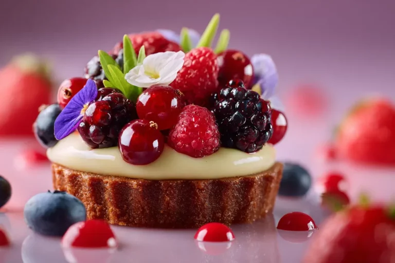 Tartelette fruits rouges crème diplomate royale with glossy berries and edible flowers