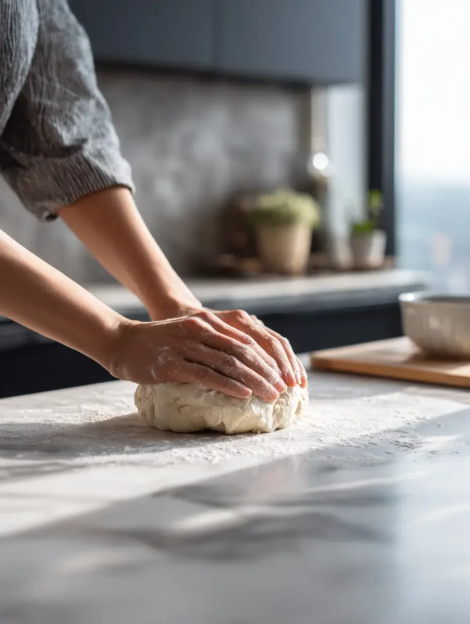 kneading dough for cheesy stuffed flatbread on marble surface