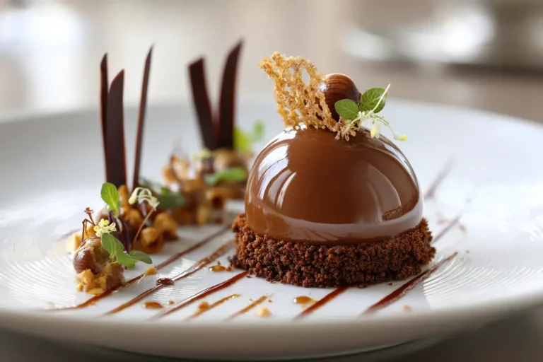 Hazelnut praline dome dessert with chocolate glaze and crunchy base