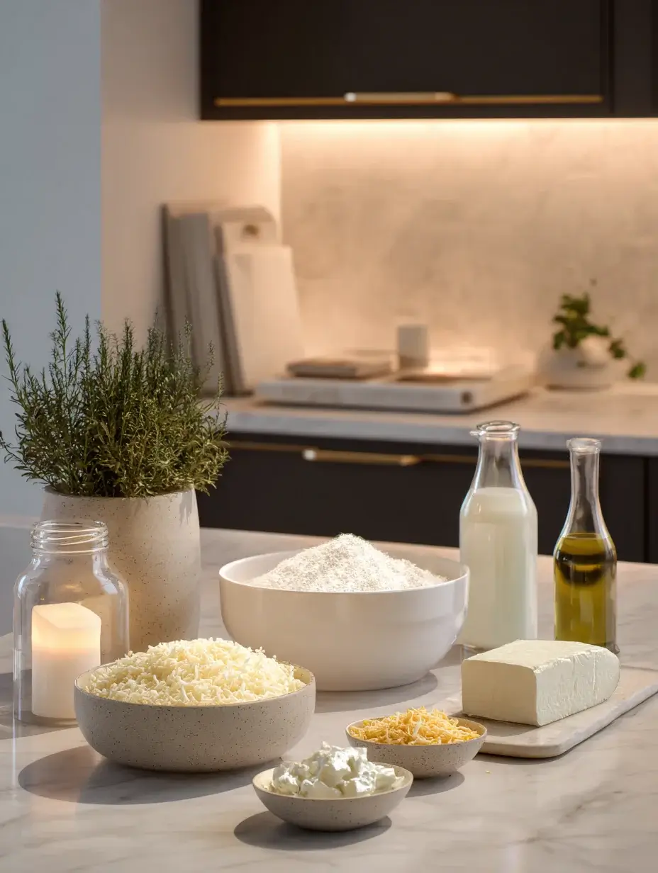 ingredients for cheesy stuffed flatbread in bowls on marble countertop