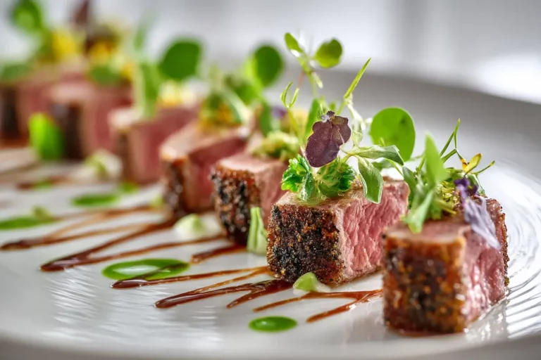 Lamb cubes with herb crust, smoked jus, and microgreens on white plate