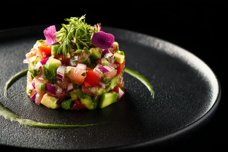 Elegant Mexican tuna salad tartare plated on black dish
