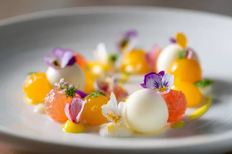 Citrus white chocolate dessert with mousse spheres, citrus segments, and edible flowers