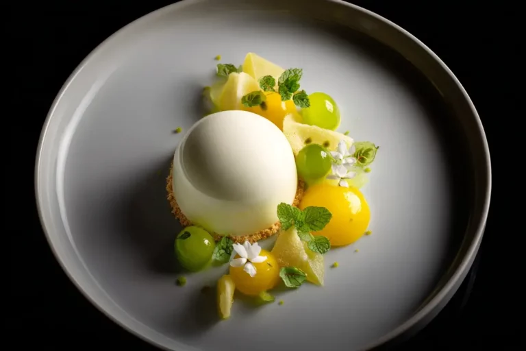 Coconut mousse dome with tropical fruit and lime gel