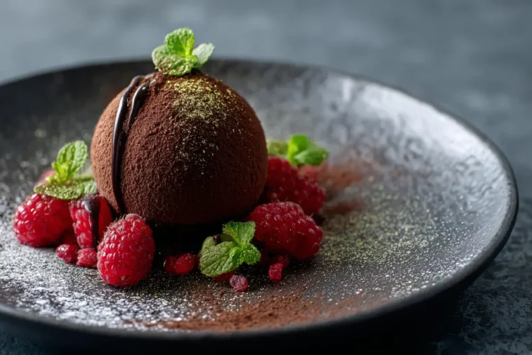 Velvet cocoa sphere dessert with raspberries and gold dust