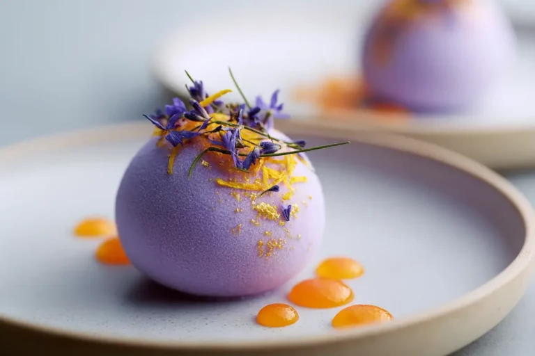 Lavender Velvet Sphere dessert with citrus pearls and edible flowers