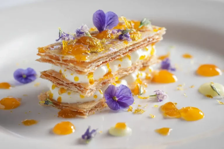 Lavender orange mille-feuille with citrus pearls and edible flowers