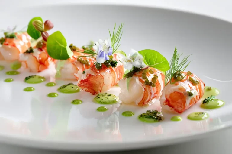 Langoustine green emulsion caviar plated with herbs and edible flowers