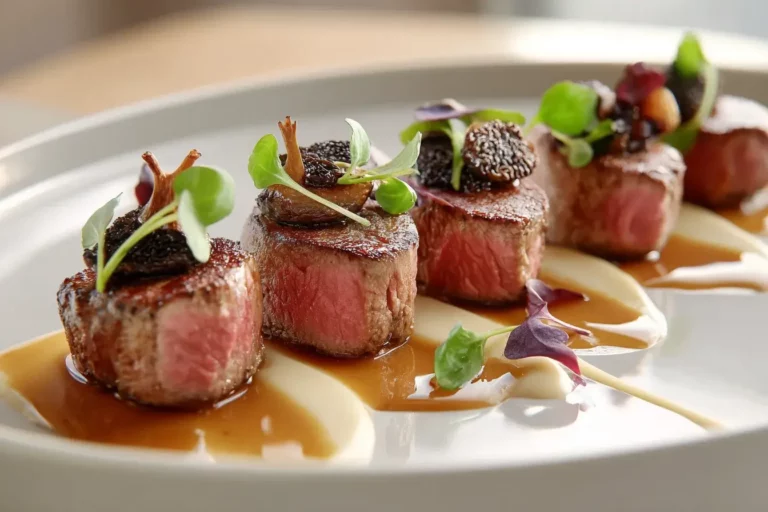 Veal medallions with morels and golden jus on creamy purée