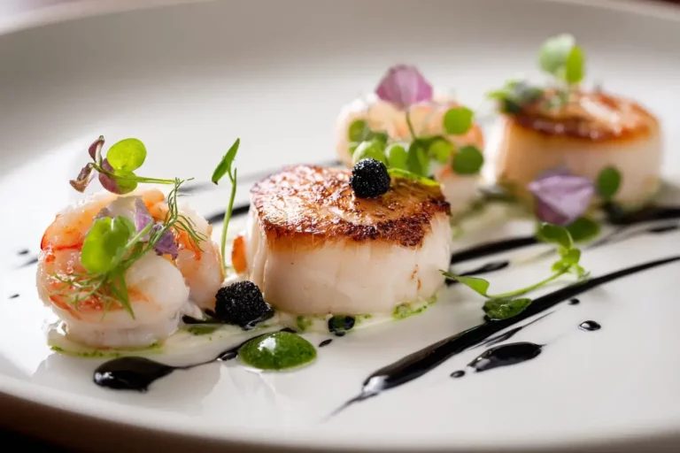 Seared scallops with shrimp, herb purée, and black reduction on a white plate