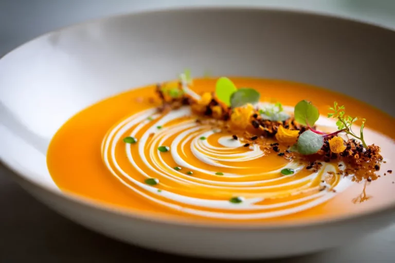 Sweet Potato Carrot soup with cream swirl and herb oil