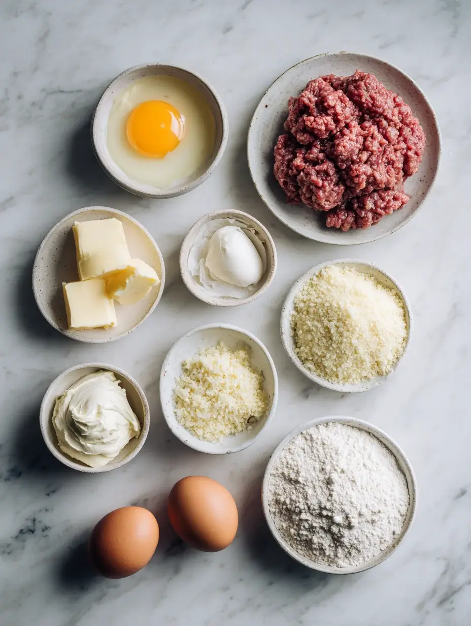 crispy Wagyu-style beef croquettes, Top view of ingredients for beef croquettes including minced beef, eggs, butter, flour, and cream