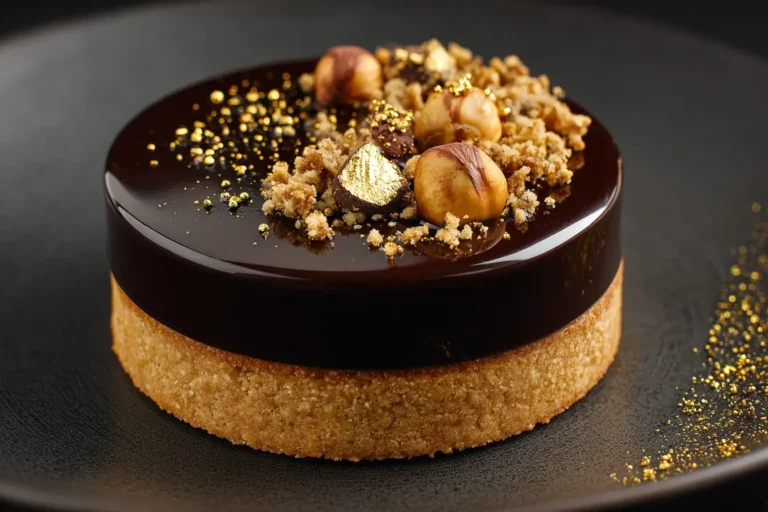 Hazelnut praline tartlet with glossy dark chocolate mirror glaze and gold leaf