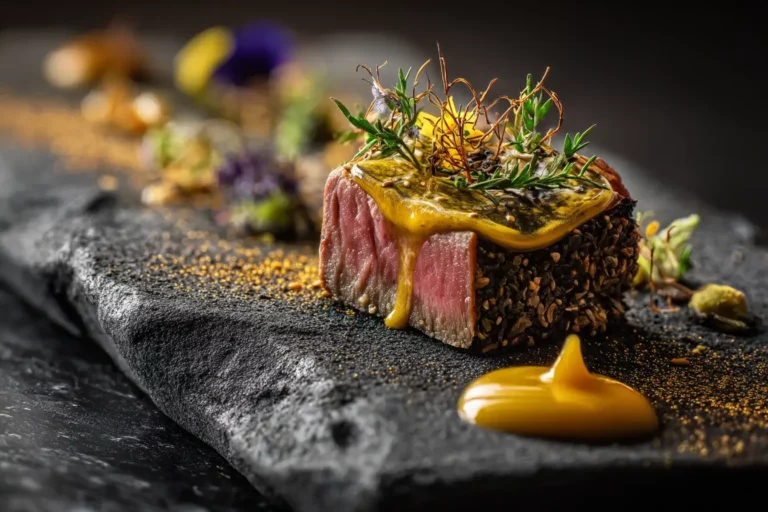 Gourmet lamb medallion with saffron sauce and herbs on stone plate