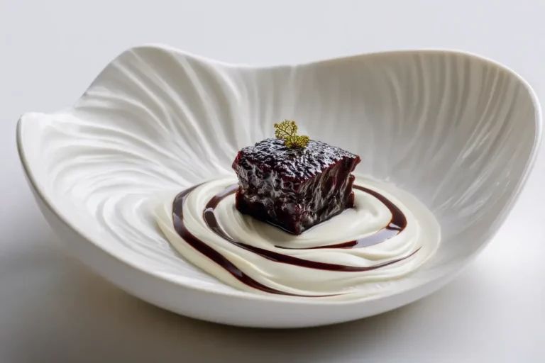 Umami beef with glossy glaze on silky onion purée