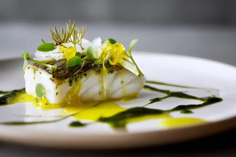 Citrus Flame Sea Bass with yuzu gel and herb oil