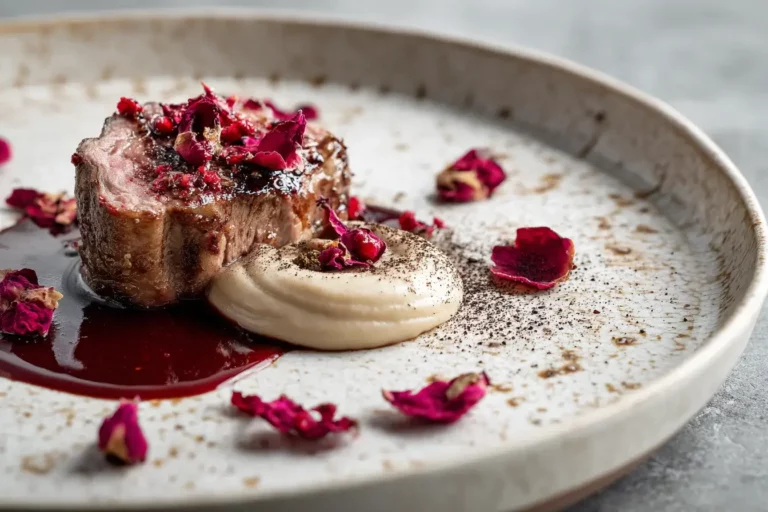 Crimson lamb with pomegranate sauce plated elegantly