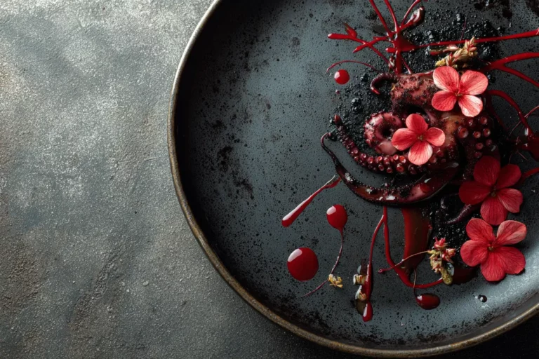 Crimson Abyss Octopus with beet reduction and edible flowers