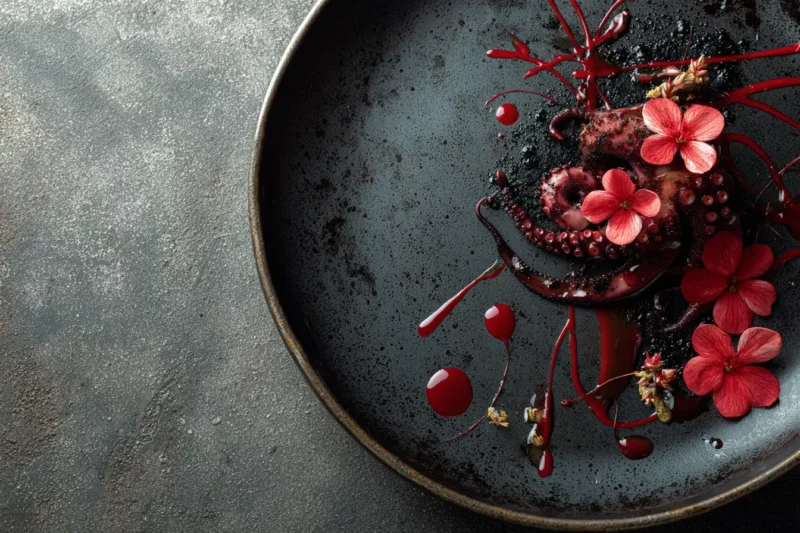 Crimson Abyss Octopus with beet reduction and edible flowers