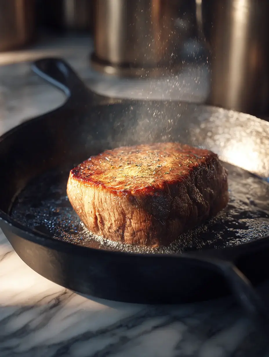Beef tenderloin searing in cast iron skillet with golden crust