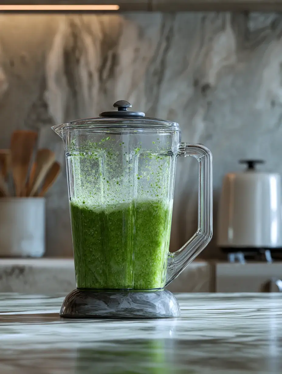 Green herb and olive emulsion blending in glass blender