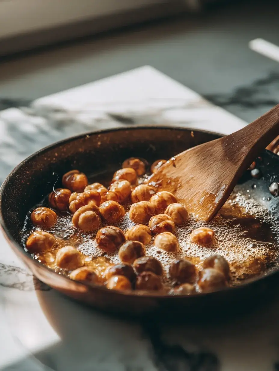 Hazelnuts caramelizing in golden sugar syrup in a pan